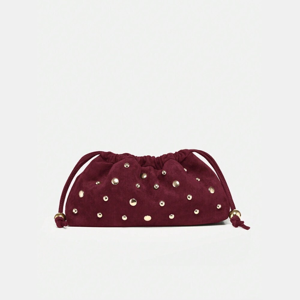 Burgundy Faux Suede Gold Studded Slouchy Drawstring Clutch Bag